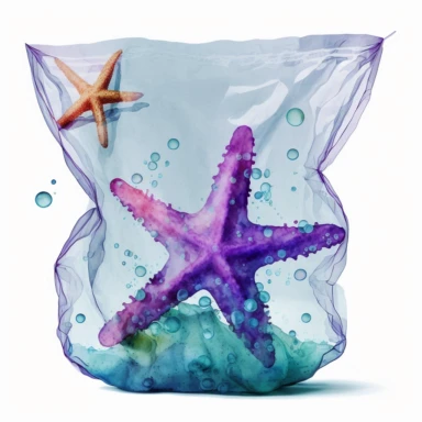 watercolour handmade clipart of a blue transparent plastic bag in the ocean, purple starfish in it