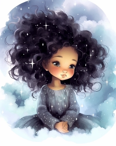 a portrait of a cute black little girl with a luminous dress, mouth smikibg, long hair, wind, sky, clouds, the moon, moonlight, stars, universe, fireflies, butterflies, watercolor clipart,