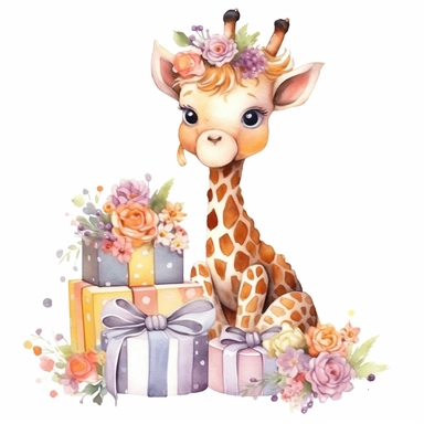 baby giraffe nursery full body watercolor style with gifts clipart, happy, with floral crown on head, Disney style,