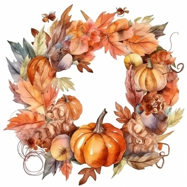 Autumn wreath, dry autumn leaves, small pumpkins, watercolor, clipart, white background