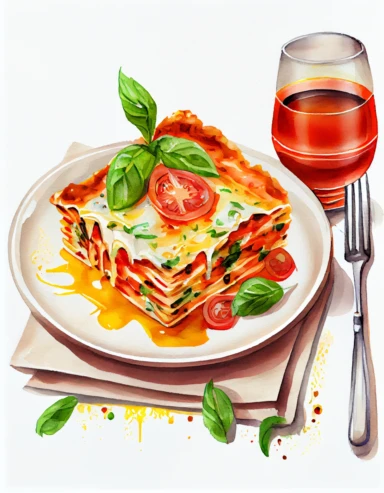 detailed watercolor lasagna on a plate with fork and glass of juice, realistic, isolated on white background, clipart