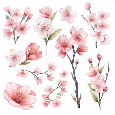 Capture the essence of cherry blossom season with a mesmerizing cherry blossom landscape clipart collection. This set features watercolor sakura blossom PNG images that showcase the delicate beauty of these iconic flowers. The pink floral elements can be used to adorn a range of designs, from elegant wedding invitations to charming baby shower announcements. Each sakura blossom is meticulously painted, capturing the intricate details and soft hues that make these flowers so captivating. Immerse 