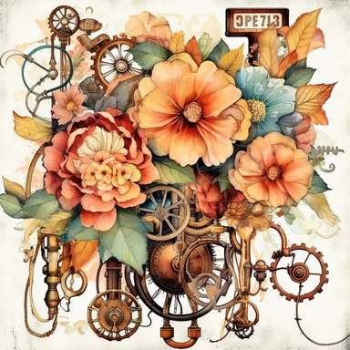 Transport your audience to a mesmerizing realm where steampunk aesthetics meet the fluid beauty of watercolor with this captivating collection of floral arrangements clipart. Harness the expressive power of watercolor as the artistic medium, allowing its translucent layers and delicate brushstrokes to bring life to the steampunk-inspired compositions. Infuse the artwork with the distinctive elements of steampunk culture, referencing the works of authors like H.G. Wells and incorporating imagery 