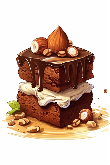 cartoon style, clipart, chocolate brownie with nuts on the top
