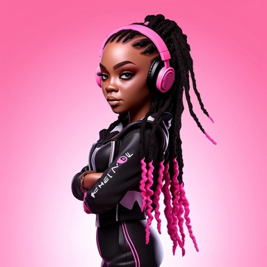 black chibi women incarnate in a 3d pink clothes, Mesmerizing gaze, pink girl dreadlock, american college fashion pink clipart, black magic girl