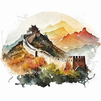 a clipart of a detailed watercolor Great Wall of China in Beijing background, with a beautiful sunshine, v4 ar 2:3
