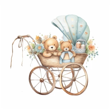 clipart, cute, boho, simple, pastel watercolor, baby trolley with bear toys inside, hand painted