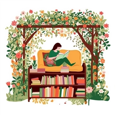clipart image portraying a person reading in a lush garden filled with blooming flowers and crawling vines. Design a cozy reading nook amidst the greenery, complete with a wooden bench or a hammock, surrounded by bookshelves filled with colorful books, isolated on white background