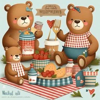 whimsical bear family picnic clipart