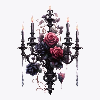 gothic watercolor clipart, candelabra, dark roses, vines, dark academia aesthetic, dark aesthetic, detailed, UHD, 8K, 3D, solid white background