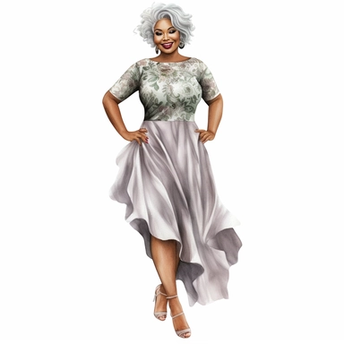 watercolor, full body front facing image of a beautiful mocha airbrushed full-figured black woman with gray hair, wearing a flattering dress, high heel shoes, clipart, HD, hyper realistic, natural look, vibrant colors, 3k resolution, white background