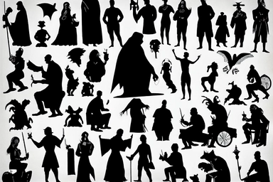 silhouettes of swindlers, monks, demons, mythological characters, disguised people, magicians, fools, lunatics, soldiers, priests, devils, fauns, angels, jugglers, cops, clowns, madmen. Bizarre, whimsical, random, victorian, theatrical, funny. Black and white clipart collection, white background
