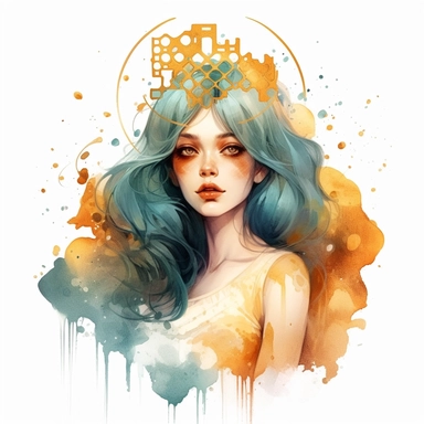 gothic style overrealistic beautiful woman with brown hair in amber honeycomb dress with watercolor effect,gold details,suitable for digital clipart,white background, no physical deformation, realistic features,royality fashion, space out