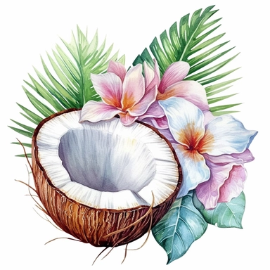 Pastel Cute Beautiful Hawaii Coconut tropical flower Watercolor Sublimation Clipart,Cartoon, hyper realistic, intricate detail, illustration style,high solution,on the white background