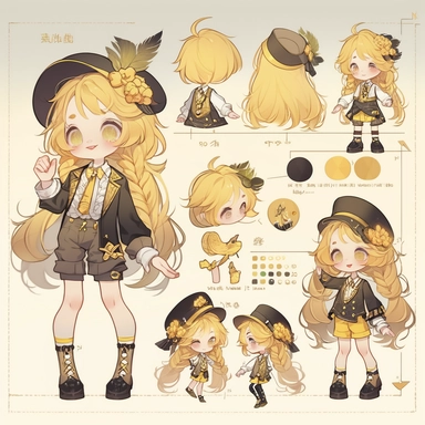 character sheet, knoling, clipart, inventory catalog, cute chibi character, golden wavy long hair, long bangs, yellow-green eyes, flat chest, beautiful young boy, gothic, frill, lace shirt, high West brown shorts, yellow bird, mimosa, yellow jewelry, ribbon