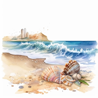 Make a clipart of a watercolor painting of a beach scene with waves, sand, and seashells. No Background