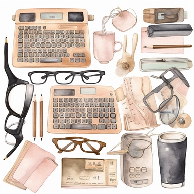 hand paint, Office Watercolor Clipart, Office Elements, computer clipart, calculator clipart, glasses clipart, electronic clipart, single design, blush pink, beige pastel