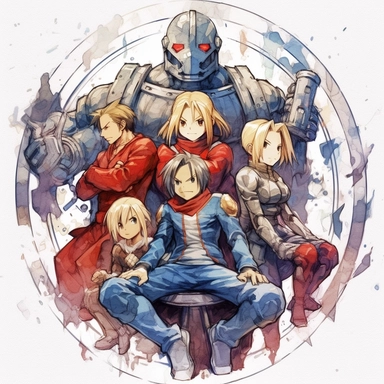 Watercolor fullmetal alchemist brotherhood, multiple poses, separate elements, high quality, high details, pencil draw style, white background, clipart, 8k, f1
