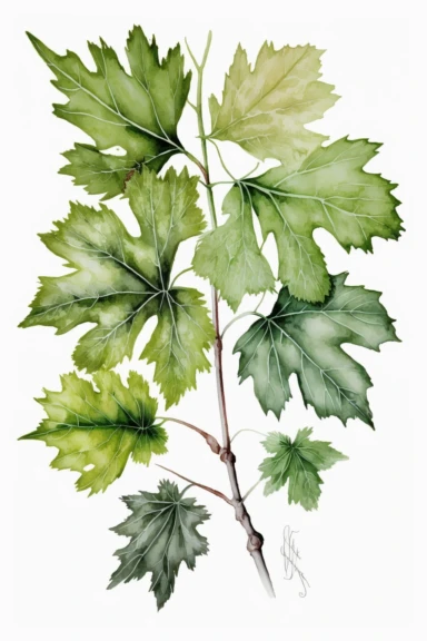 watercolor maple branch, clipart, in the style of light green and white, realistic detail, white background