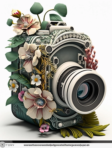 clipart of an old fashioned photo camera 1 photo lens only, surrounded by an intricate arrangement of dramatic extravagant digital 3D tropical flowers, in the style of large-scale photography, lush detailing, cartoon style, playfully intricate, made of flowers, bloomcore, exotic ambiant, 8K, white background