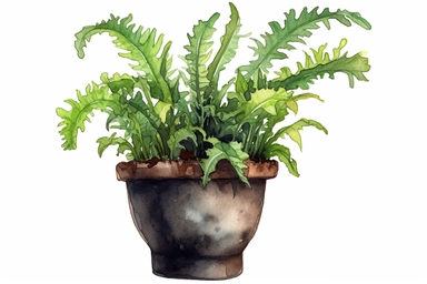 Watercolor, Asplenium nidus, Black Ash Plant, Chalkboard pot, clipart, hd, on a white background, spaced out
