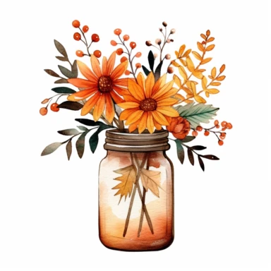 basic watercolor fall leaves and flowers in a jar in minimal hand drawn style, Etsy, textured, clipart, white background