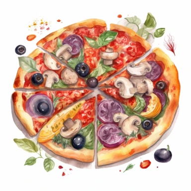Create a watercolor clipart of a delicious pizza, with toppings like mushrooms, peppers, and olives. Use pastel colors and make sure to capture the details of the crust and the toppings, white background