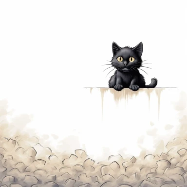 back high level view, cute black cat waiting before mouse whole in wall, illustration, white background, clipart, nursery illustration, illustration for children
