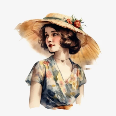 vintage woman colorful illustration old fashioned summer , Hand drawn , watercolor style,clipart,no shadow,single design, print on demand image, PNG transparent ,white background for removing background - - no text shadow font watermark