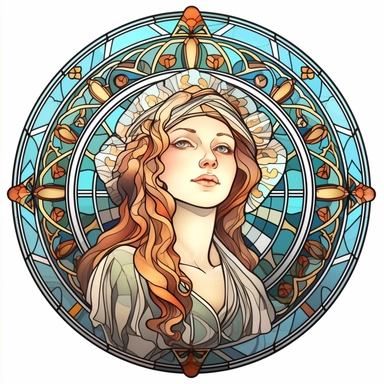 Vintage Cute Beautiful Round Stained Glass girl Sublimation Clipart, Cartoon, hyper realistic, intricate detail, illustration style, high solution, on the white background