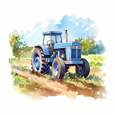 detailed watercolor blue tractor on farmland in summer clipart