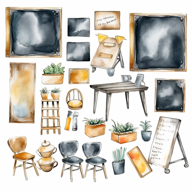 watercolor collection clipart table blackboard panel neutral colors on white background