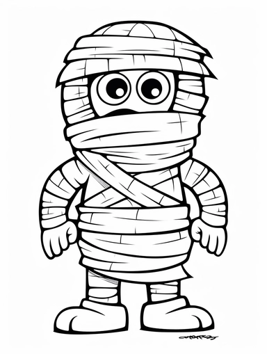 halloween mummy coloring book for kids, cartoon character, clipart, black and white, white background