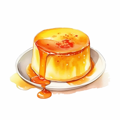 Watercolor japanese custard flan purin inside cup clipart, hd, on white background, spaced