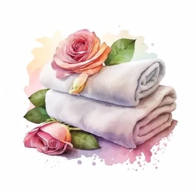 watercolor, Massage towels with rose petals sprinkled on them , clipart, white background, realistic, pastel colors