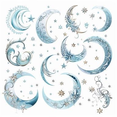 beautiful moon symbols in white, pale blue and silver, white background, vector-style, clipart collection