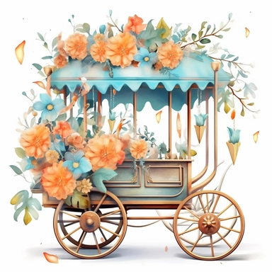 free watercolor and flower cart clipart, free png files, in the style of claudia tremblay, candycore, light azure and bronze, uhd image, caffenol developing, kris kuksi, toyen