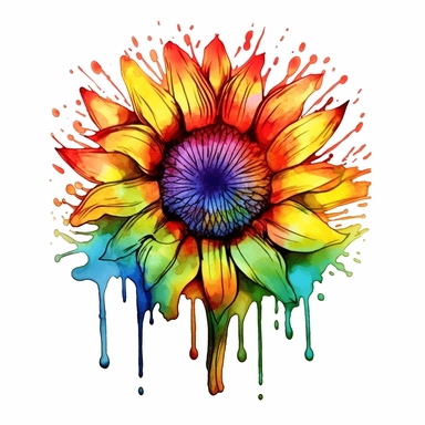 pride, rainbowcore, tattoo design of sunflower flower color art watercolor drip in transparent overlay, in the style of vibrant spectrum colors, white background, color gradients, chalk art, whimsical yet eerie animal symbolism, vibrant murals, hand-coloring watercolor clipart, white background