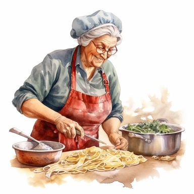 highly detailed and realistic watercolor country rustic vintage italian grandmother cooking pasta in the kitchen, clipart, white background