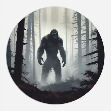 bigfoot in dark woods, painting circular clipart sticker, no mock-up, white background