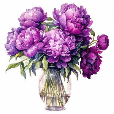 Bouquet of beautiful large dark purple peonies in transparent vase, standing in front of the the french door open to the french south of france garden, clipart, watercolor Illustration, Sublimation graphics, by Beatrix Potter, single design, print on demand image, PNG transparent background, white background, 8k