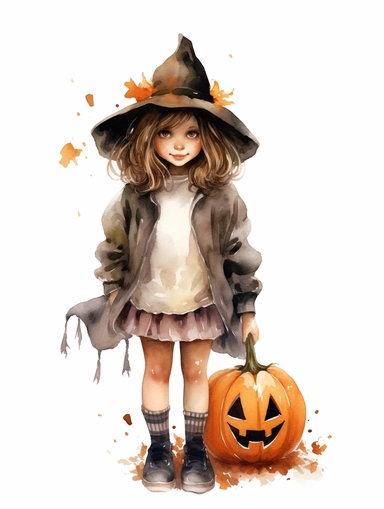 watercolor painting, cute girl wearing halloween witch hat, sangchae wearing white lace skirt, sweatshirt with cute pumpkin drawing, mischievous expression, clipart, 8k, HD, white background,