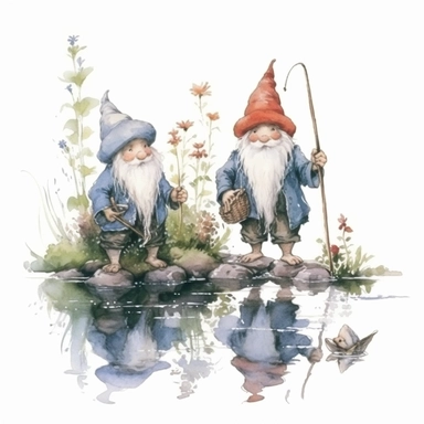 Two garden gnome kids fishing at a pond, fishing line in the water, basket with fish, white background, style of Pierre-Joseph Redoute, as clipart, single design, sharp lines, dreamy