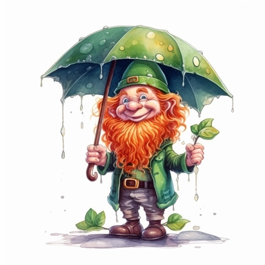 Cute Adorable magical little leprechaun with a cylinder hat and a red beard holds laterally a umbrella in his hand wears a raincape and stand in the rain on a country road, clipart, photorealistic illustration, watercolor, high detail, 8k polished, 8k, vibrant colors, white background