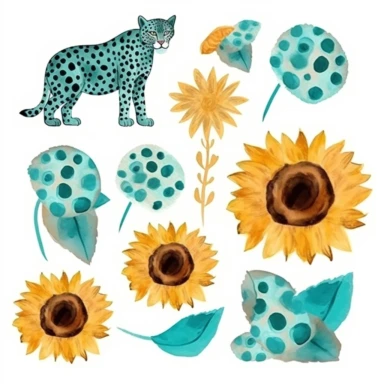 sunflower with turquoise and leopard print elements clipart set watercolor style