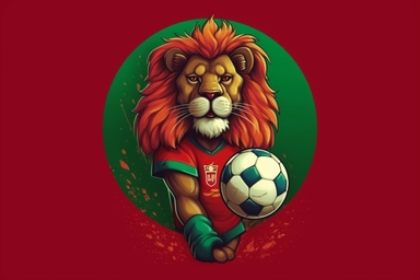lion atlas, national football team, cartoon, world cup 2030, clipart, background stadium, red and green, moroccan flag, detailed, ultra HD, charismatic, passion, lion holding ball, fierce,