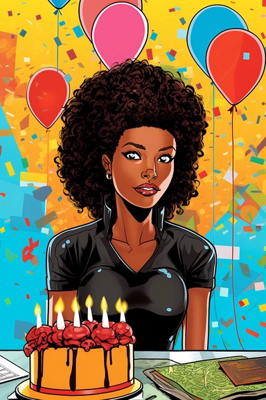 Generate a comic book-style clipart image of a black female superhero character's birthday celebration. Use bold and vibrant colors, along with dynamic speech bubbles, to create a sense of excitement. Include elements like cake, gifts, and party decorations in a comic book panel layout