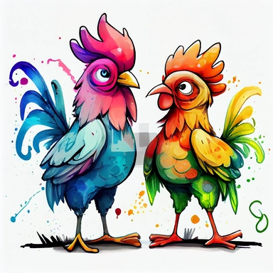 funny pink, yellow, blue, orange and green chicken, hen with rooster like a friend, cartoon style, white background, black outside lines, designs, white background, watercolor pencil drawing, small details, digital art, clipart, super acurate, –testp, pixar,