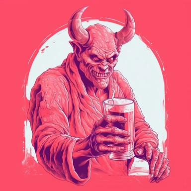A risograph illustration of the devil drinking a beer, clipart, t-shirt design, bold colors, 3D vector art, digital painting, isolated white background