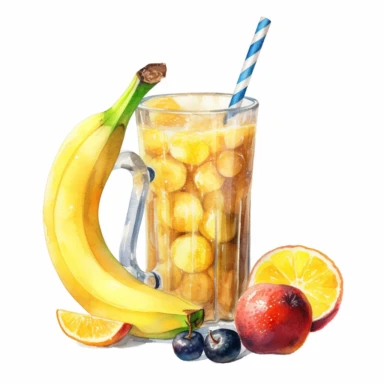 An Banana fruit with a straw inserted, as if ready to be juiced or drink , Watercolor, pastels, clipart, beautiful, colourfull, png transparent white background, high resolution, no caption q4 s2